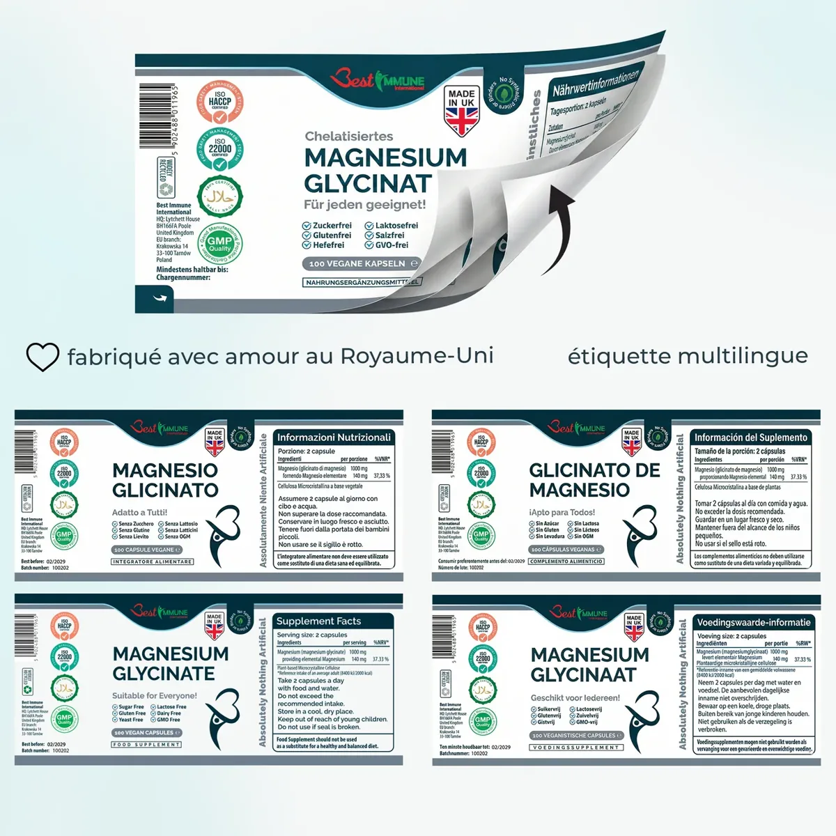 Ulepszony glicynian magnezu 500mg Bez sztucznych dodatków 100 kapsułek wegańskich Rozkładana, wielojęzyczna etykieta suplementu Magnesium Glycinate w różnych językach.