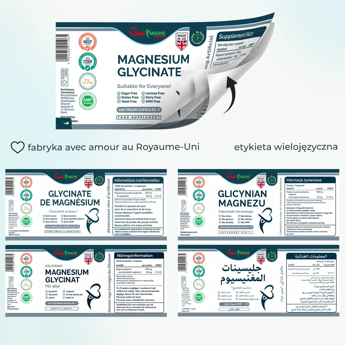 Ulepszony glicynian magnezu 500mg Bez sztucznych dodatków 100 kapsułek wegańskich Wielojęzyczna etykieta suplementu Magnesium Glycinate z informacjami żywieniowymi.