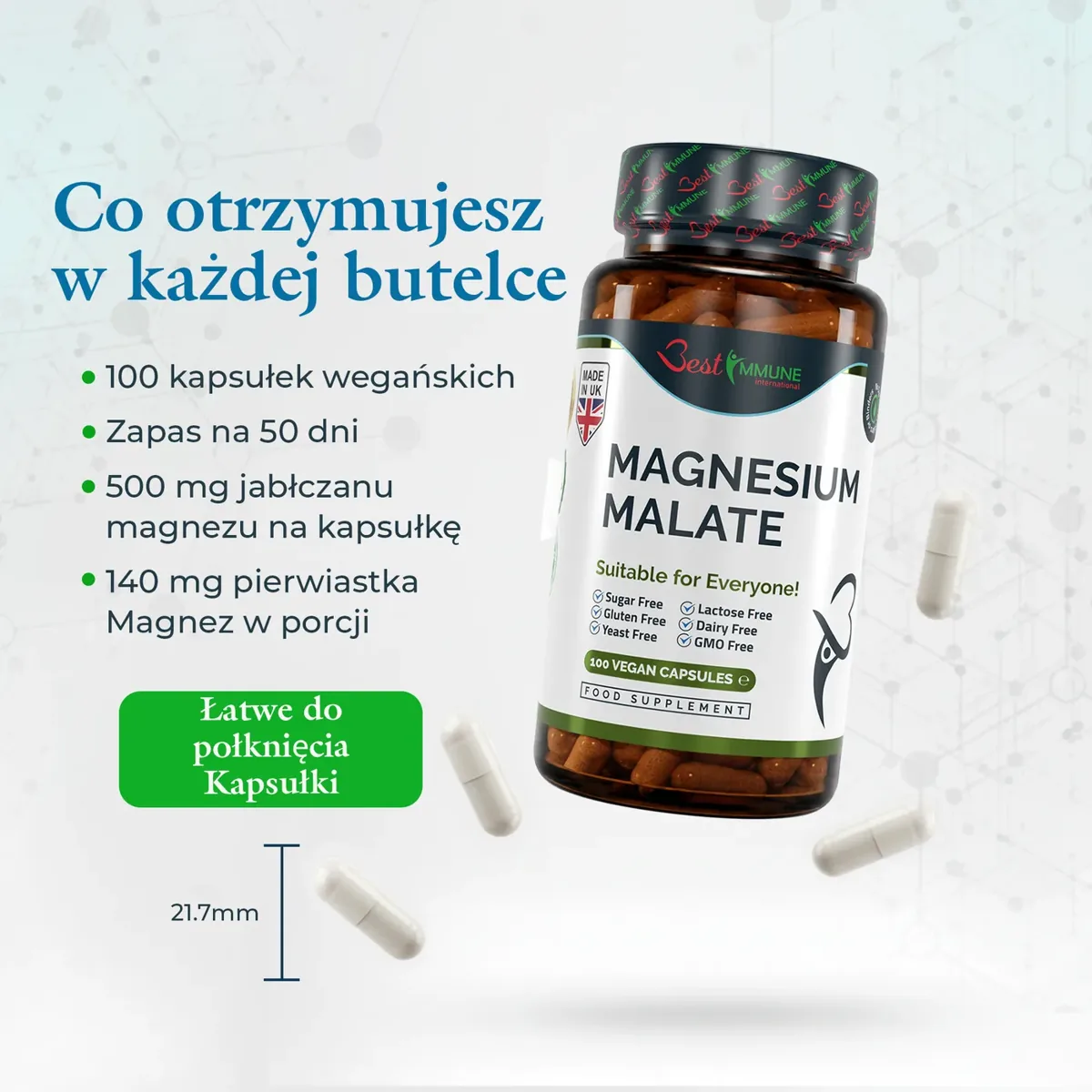 Naturalny jabłczan magnezu 500mg Jakość premium Idealna moc 100 kapsułek wegańskich Butelka suplementu Magnesium Malate, kapsułki o długości 21,7 mm i opis zawartości opakowania.