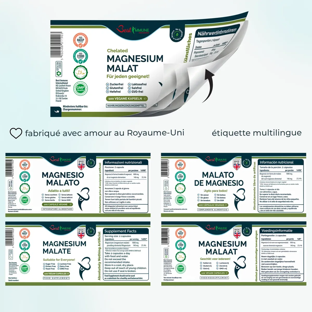 Naturalny jabłczan magnezu 500mg Jakość premium Idealna moc 100 kapsułek wegańskich Wielojęzyczna etykieta suplementu diety Magnesium Malate z tabelami wartości odżywczych.