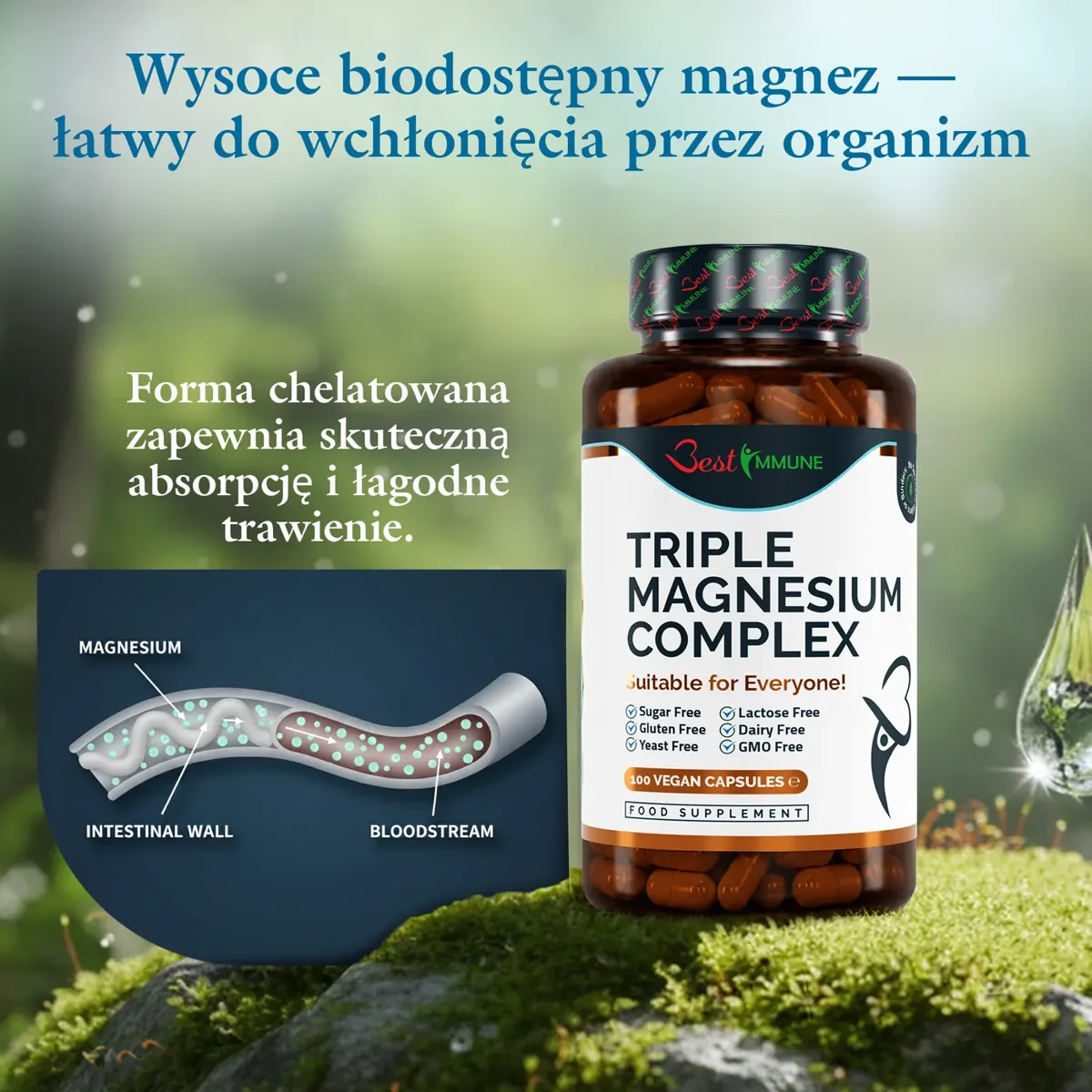 Zaawansowany potrójny kompleks magnezu Idealna moc Cytrynian, L-askorbinian i tlenek magnezu 100 kapsułek wegańskich Produkt naturalny Butelka Triple Magnesium Complex i schemat wchłaniania magnezu do krwiobiegu.