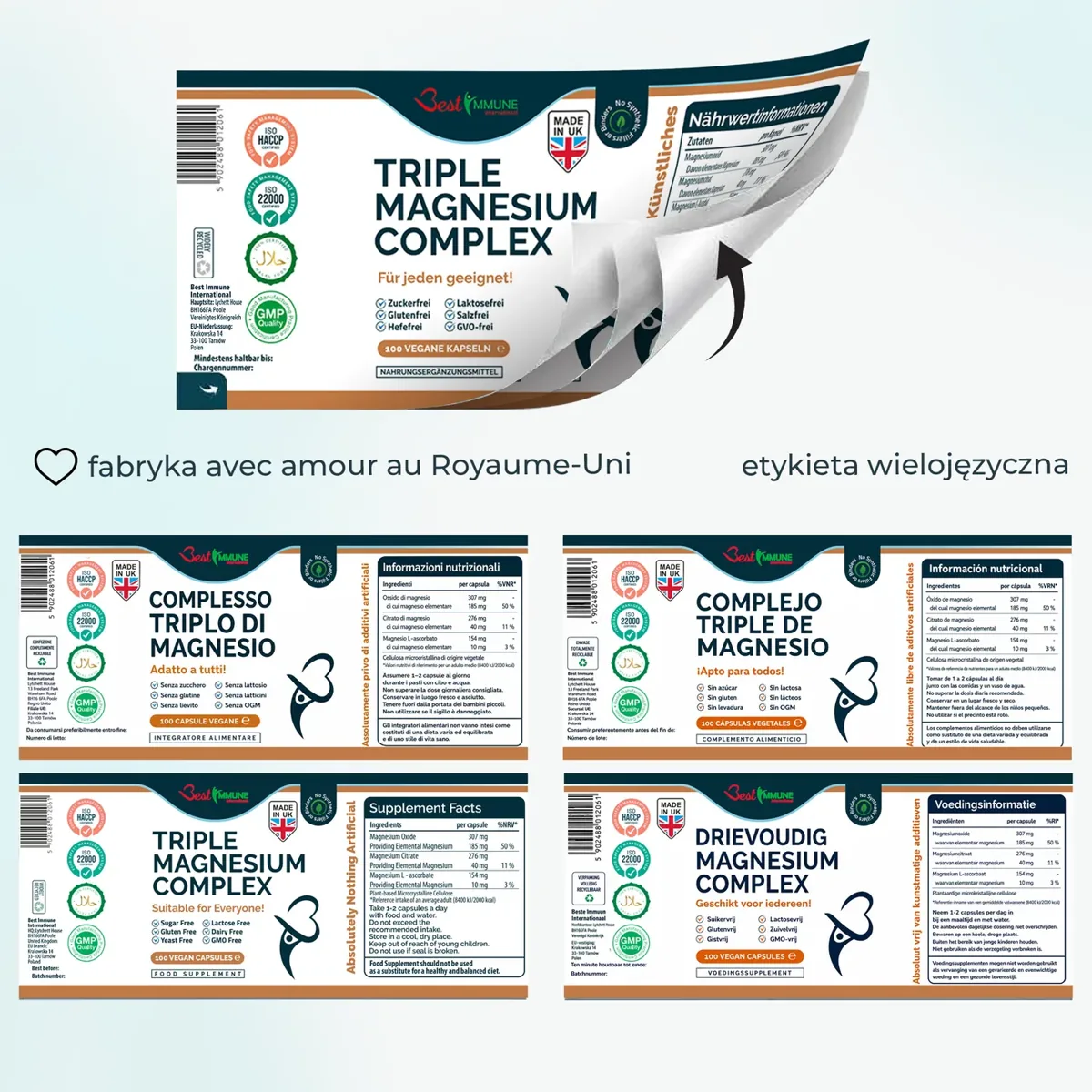 Zaawansowany potrójny kompleks magnezu Idealna moc Cytrynian, L-askorbinian i tlenek magnezu 100 kapsułek wegańskich Produkt naturalny Wielojęzyczna etykieta suplementu Triple Magnesium Complex z tabelą wartości odżywczych.