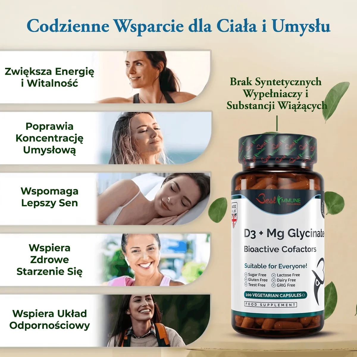D3 + glicynian magnezu Bioaktywny kompleks Najwyższa jakość Produkt naturalny Butelka suplementu D3 + Mg Glycinate obok infografiki ze zdjęciami osób i opisami.