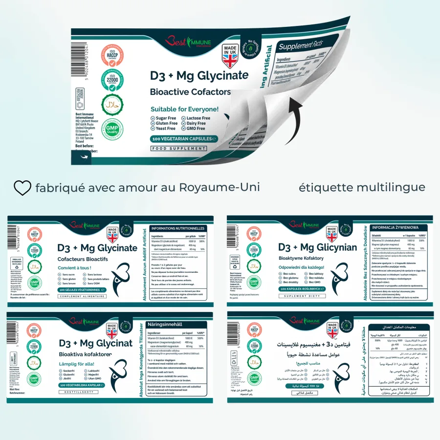 D3 + glicynian magnezu Bioaktywny kompleks Najwyższa jakość Produkt naturalny Wielojęzyczna, odklejana etykieta suplementu D3 + Mg Glicynian z tabelą wartości odżywczych.