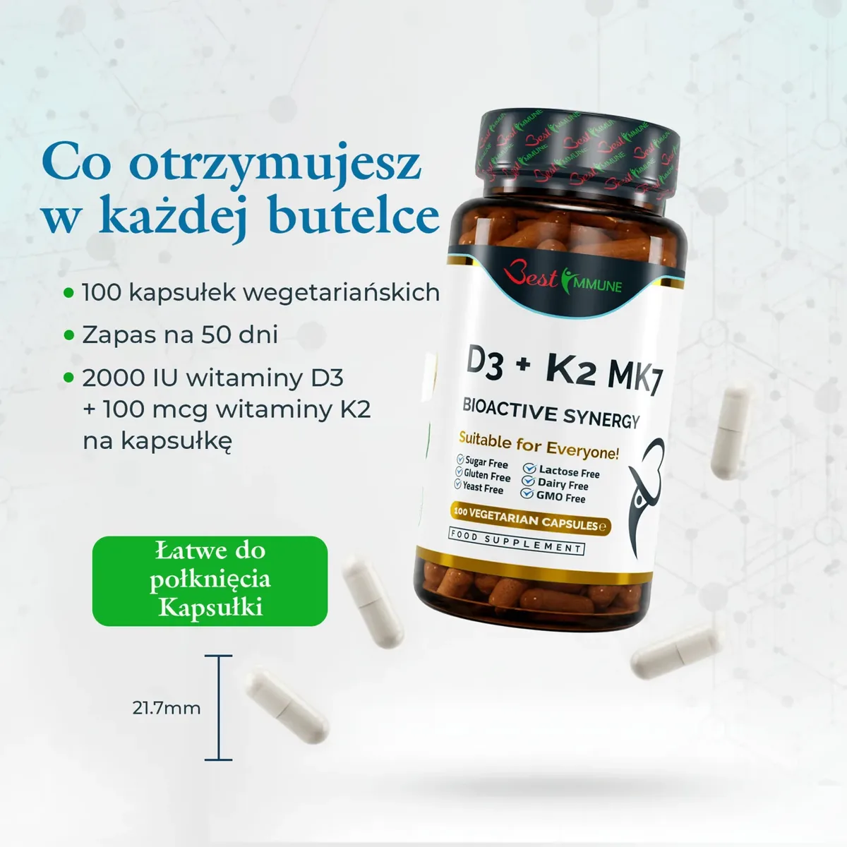 Naturalna witamina D3 2000IU K2 MK7 100mcg 100 kapsułek jakości farmaceutycznej Butelka suplementu D3 i K2 MK7 z kapsułkami, ich wymiarem oraz opisem zawartości opakowania.