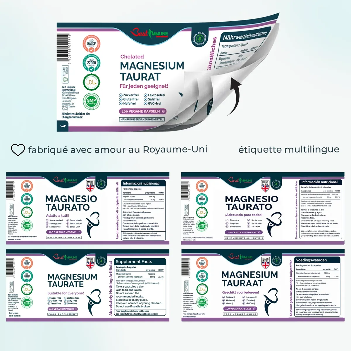 Naturalny taurynian magnezu 500mg Najwyższa jakość Idealna moc 100 kapsułek wegańskich Najwyższa biodostępność Wielojęzyczne etykiety suplementu Magnesium Taurate z tabelą wartości odżywczych.