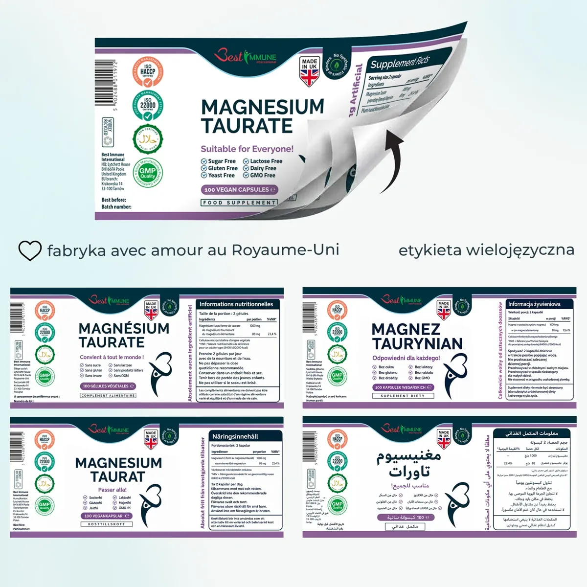 Naturalny taurynian magnezu 500mg Najwyższa jakość Idealna moc 100 kapsułek wegańskich Najwyższa biodostępność Wielojęzyczna rozkładana etykieta suplementu Magnez Taurynian z tabelą wartości odżywczych.