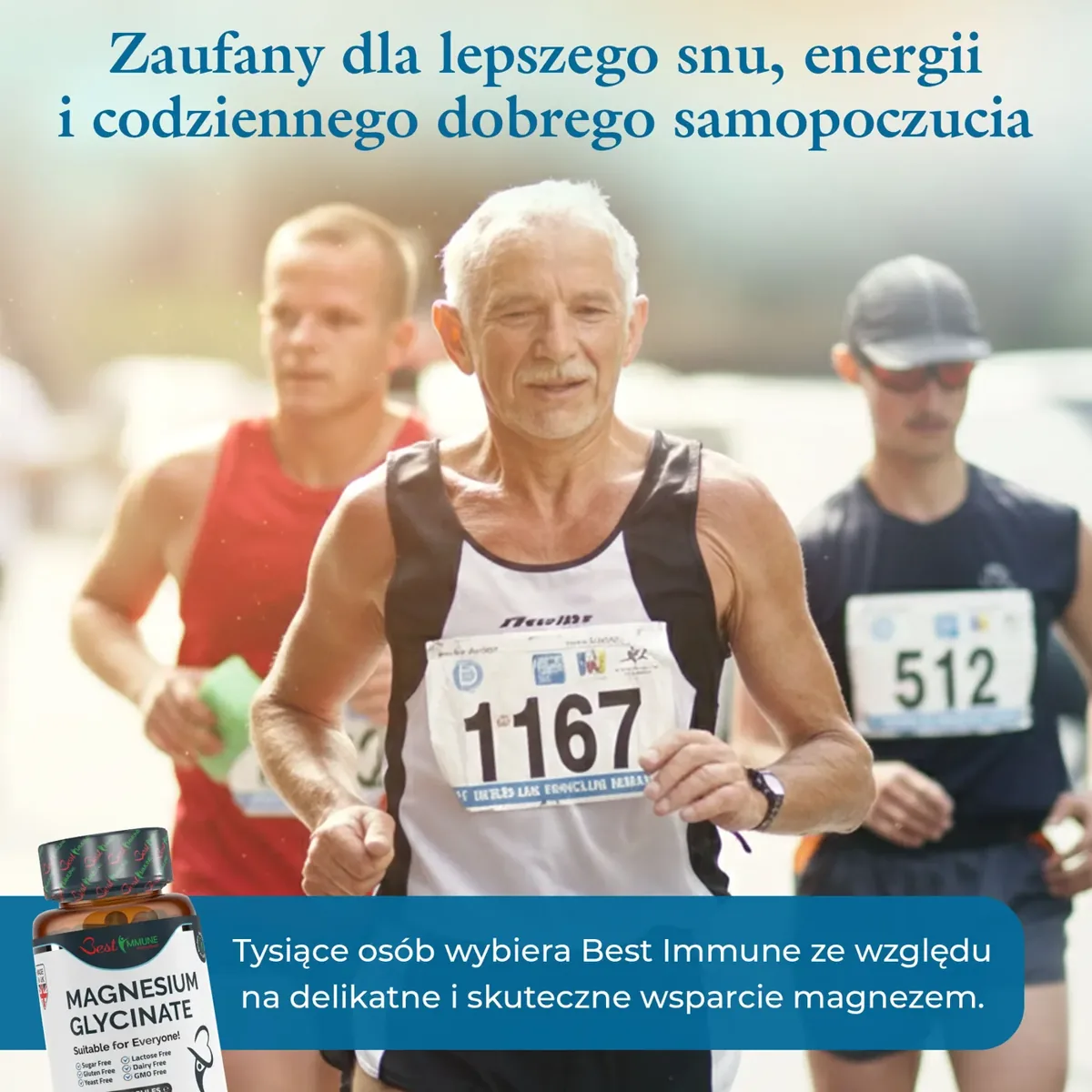Naturalny glicynian magnezu 1000mg w porcji Najwyższa jakość Idealna moc 120 kapsułek wegańskich Najwyższa biodostępność Starszy mężczyzna biegnący w maratonie obok butelki suplementu Magnesium Glycinate.