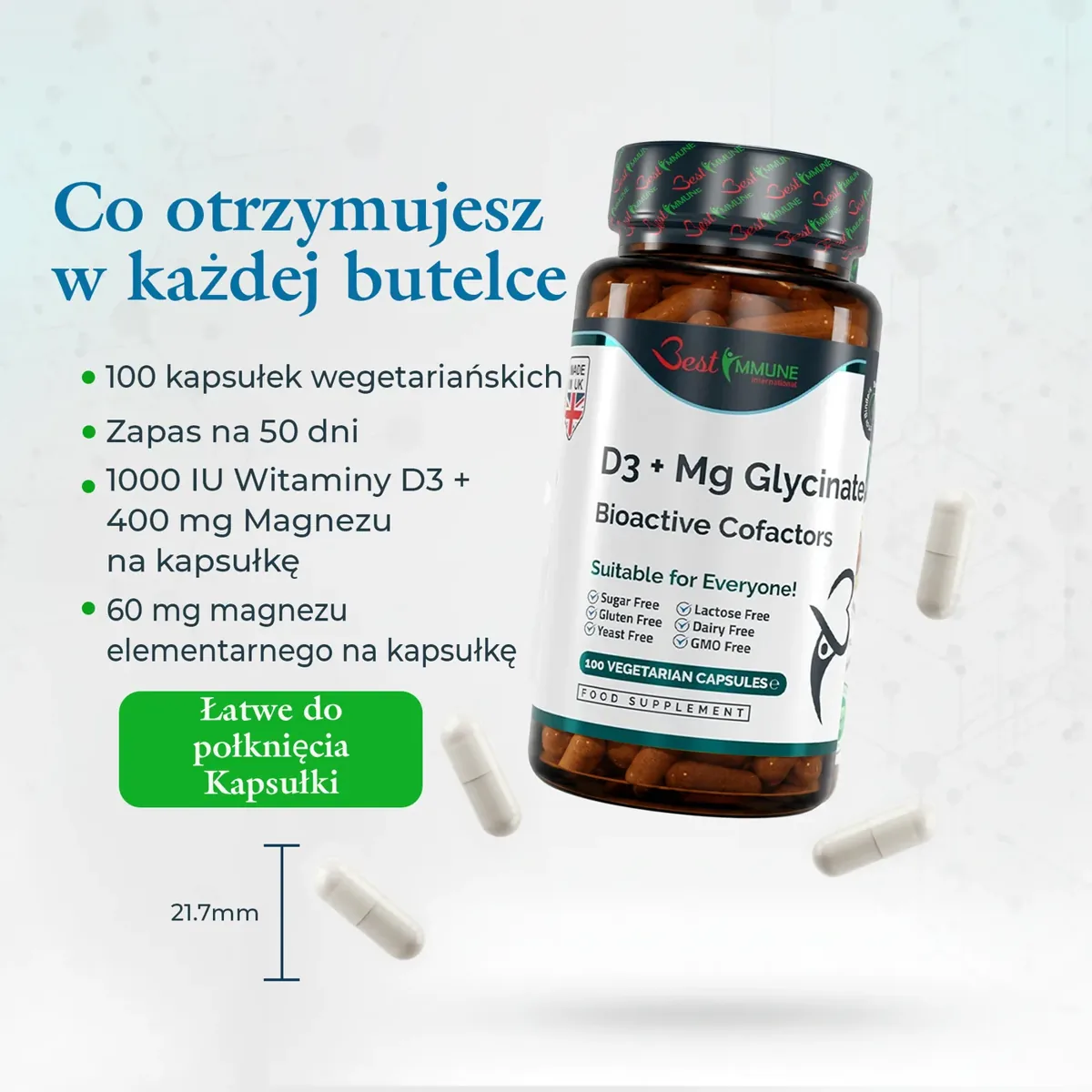 Glicynian magnezu + D3 Kompleks niezbędnych kofaktorów Najwyższa jakość Produkt naturalny Butelka suplementu D3 + Mg Glycinate, kapsułki o długości 21,7 mm oraz opis zawartości.