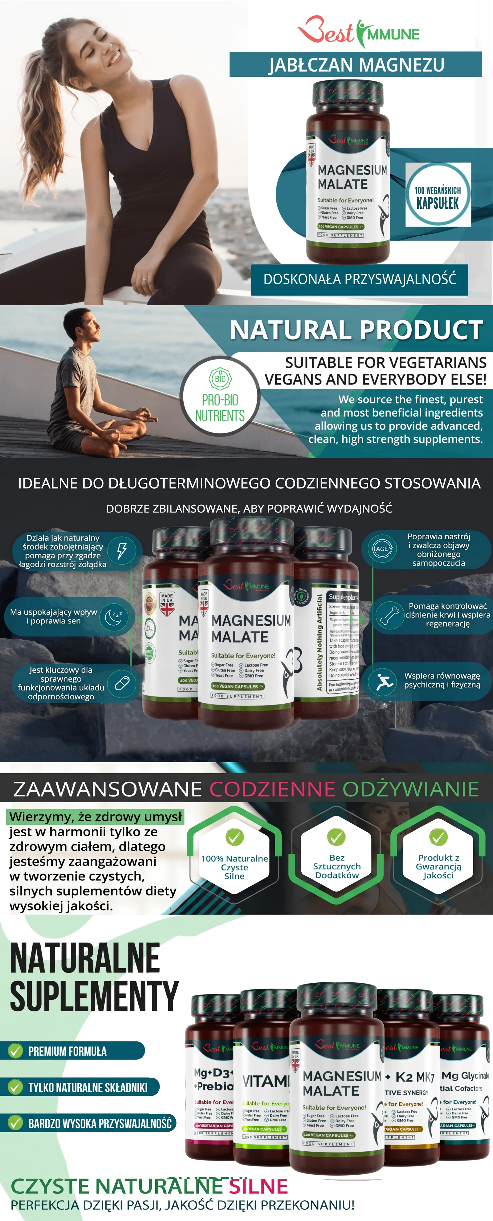 Grafika informacyjna suplementu diety Jabłczan Magnezu marki Best Immune z opisem właściwości i zalet.