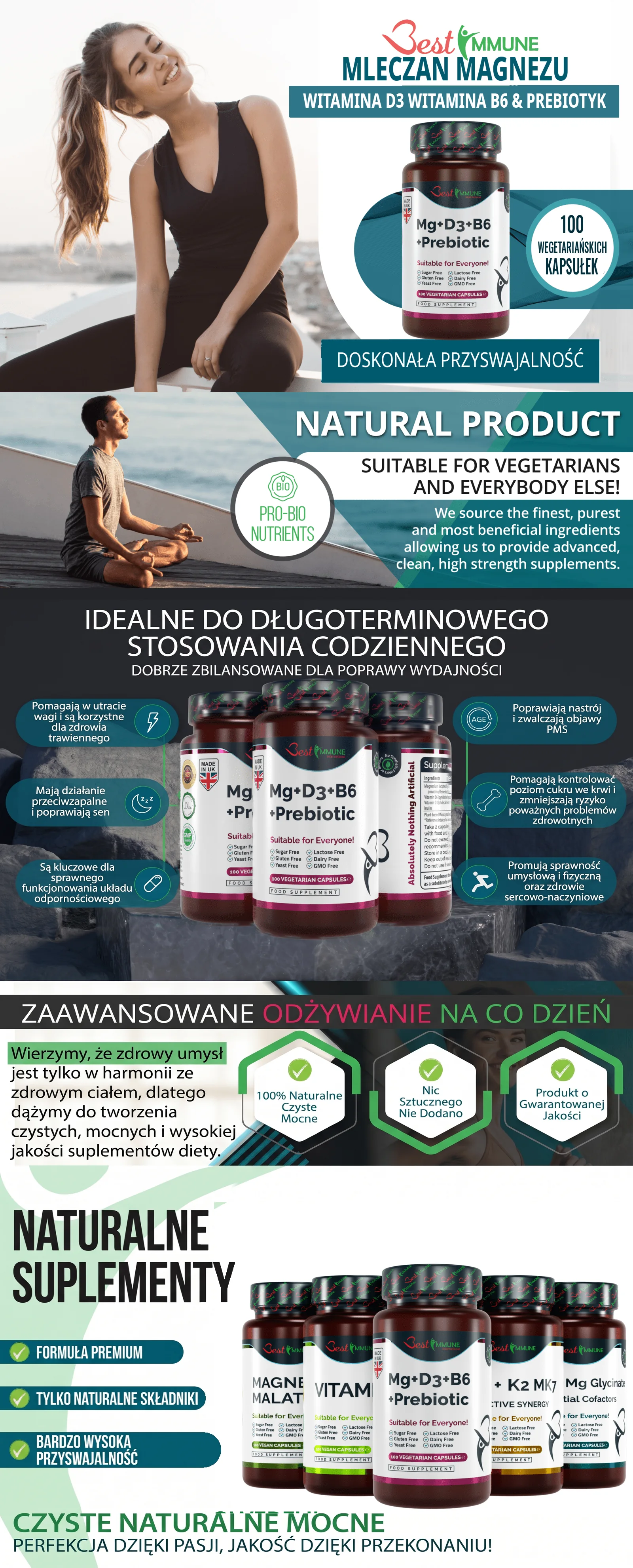 Infografika suplementu Best Immune z mleczanem magnezu, witaminami D3 i B6 oraz prebiotykiem.