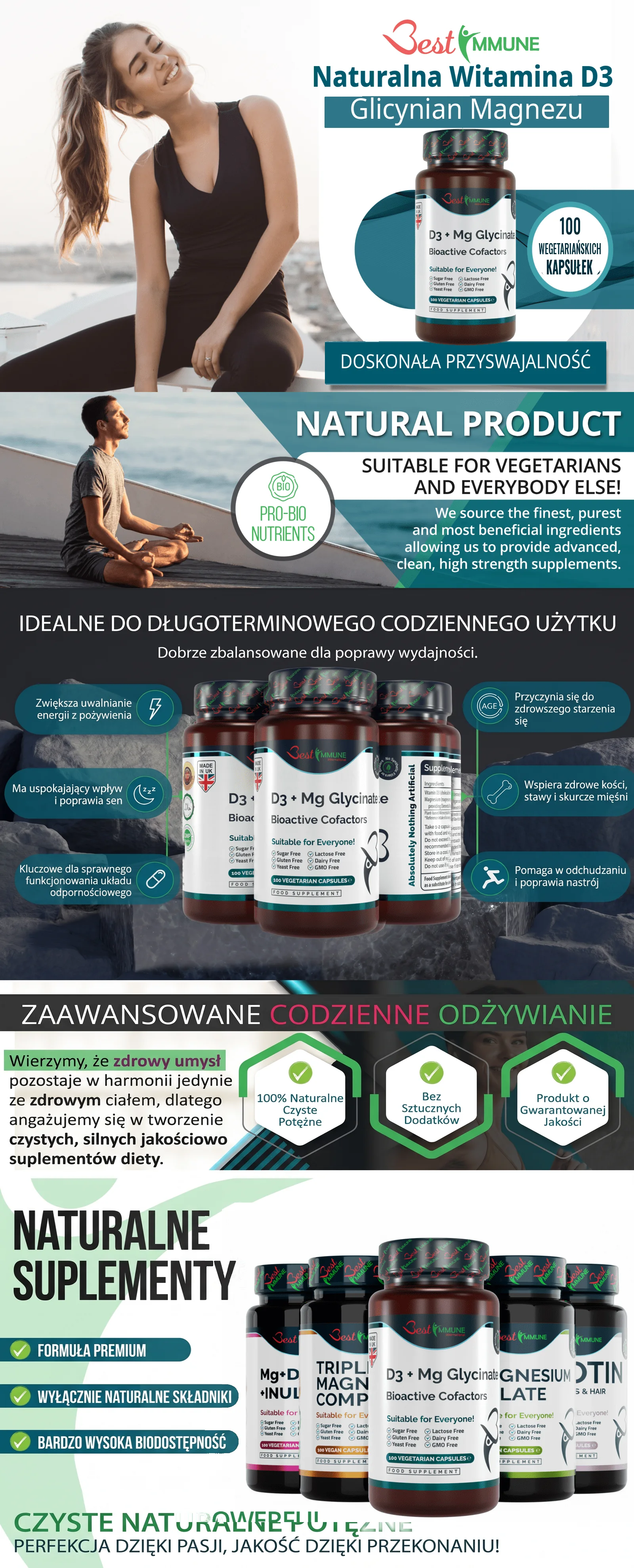Grafika informacyjna o suplemencie Best Immune Naturalna Witamina D3 i glicynian magnezu oraz jego właściwościach.