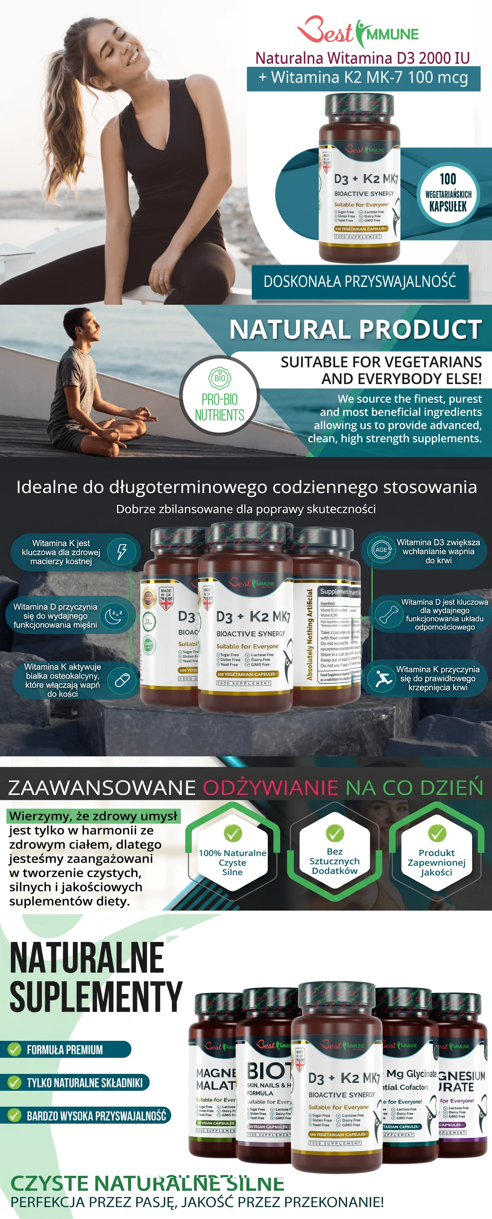 Infografika prezentująca suplement diety Best Immune Witamina D3 + K2 MK-7 oraz jego właściwości i zalety.