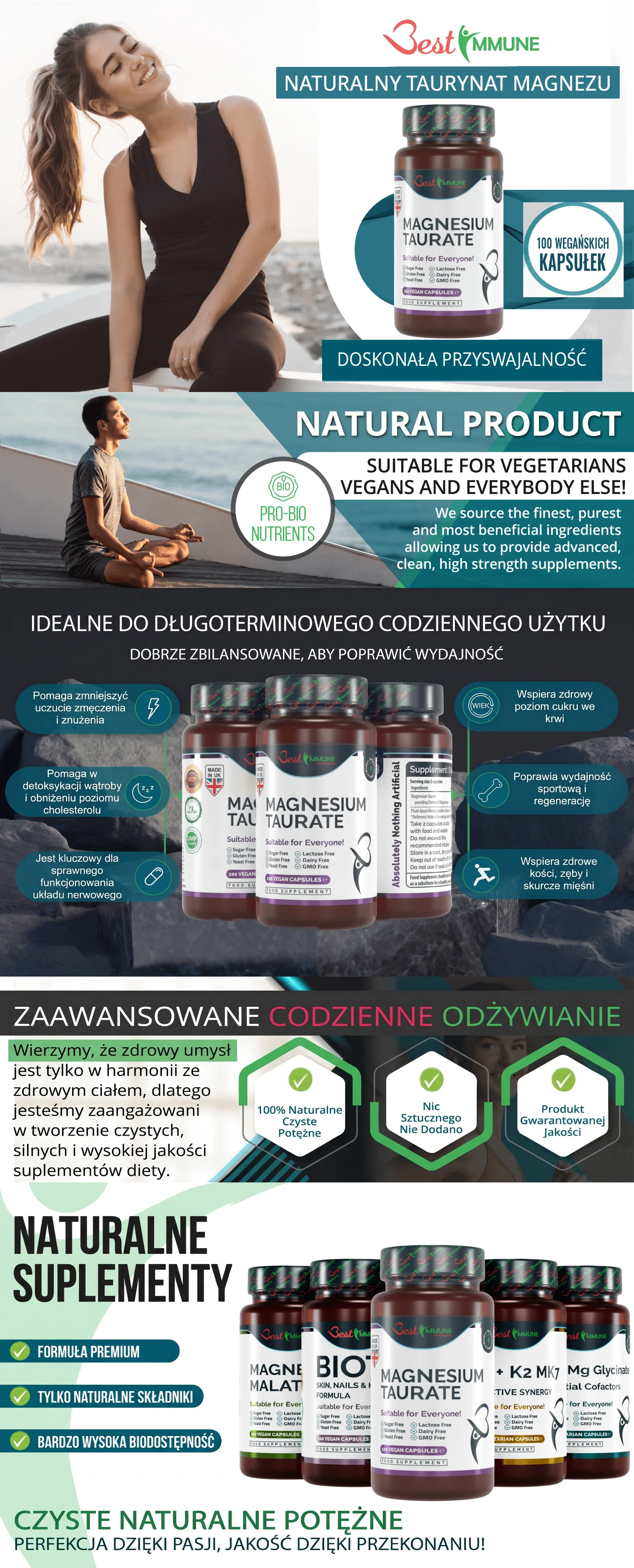 Grafika informacyjna suplementu Best Immune Naturalny Taurynat Magnezu z opisem jego zalet i właściwości.