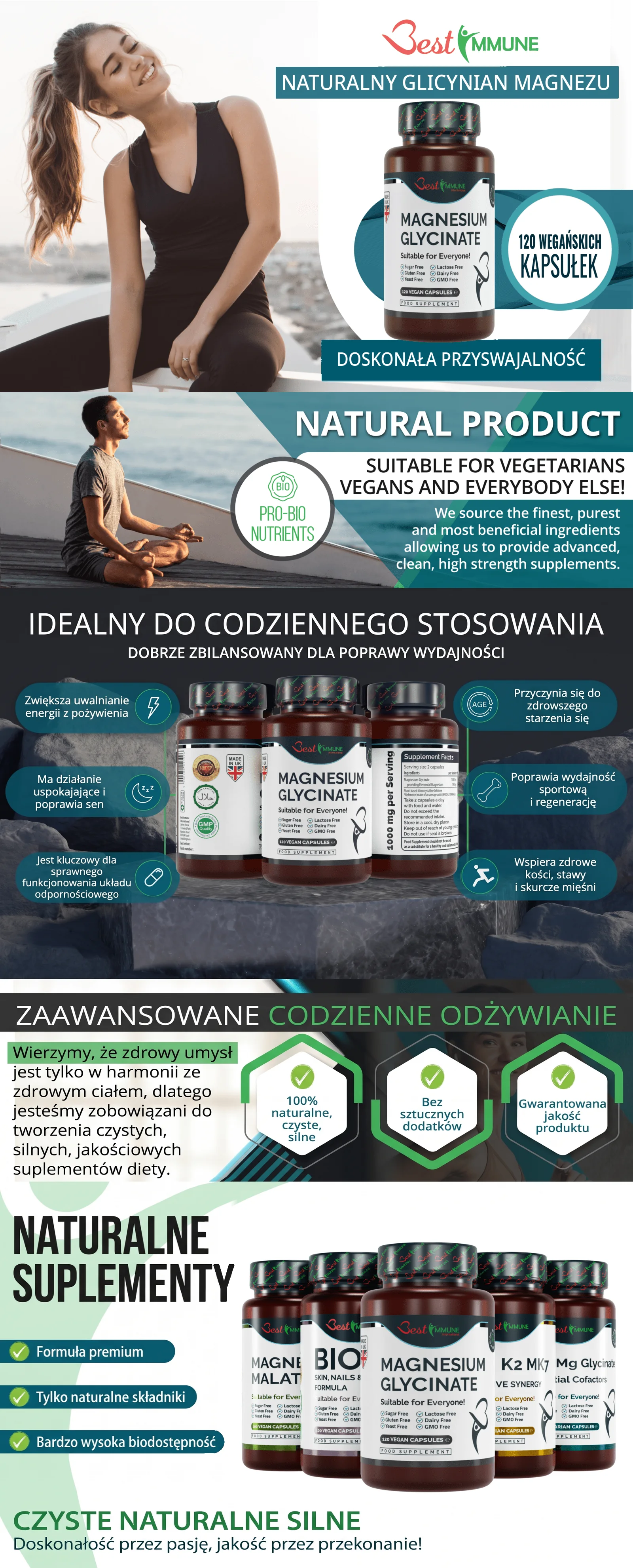 Grafika informacyjna suplementu diety Best Immune – naturalny glicynian magnezu i jego właściwości.