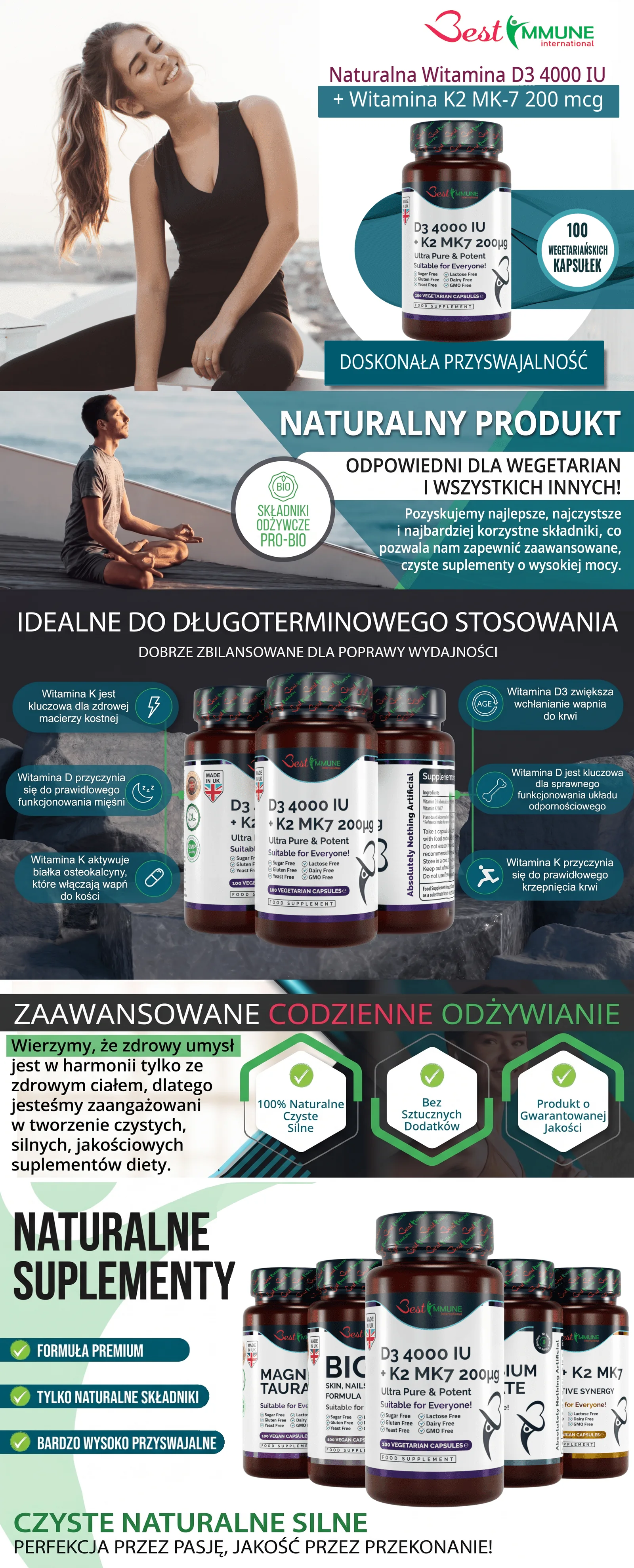 Infografika prezentująca suplement diety Naturalna Witamina D3 + K2 marki Best Immune oraz jego zalety.
