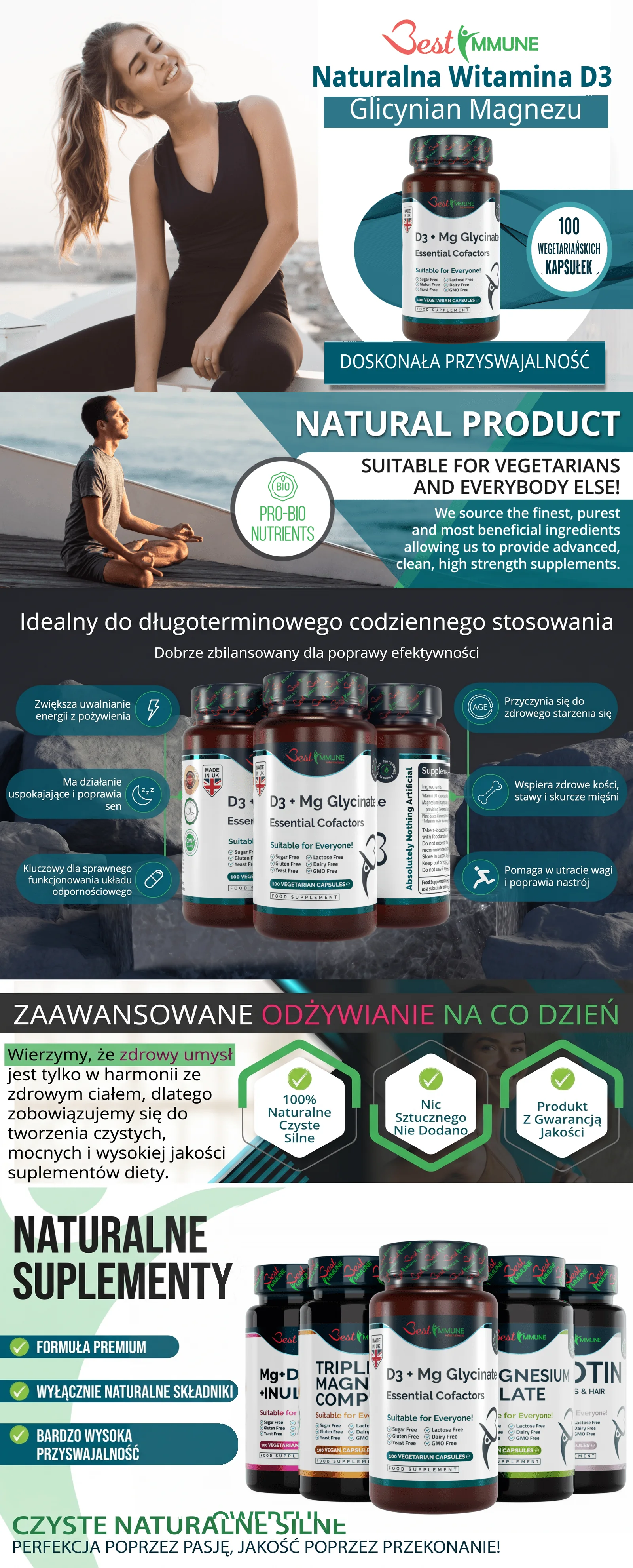Infografika prezentująca naturalny suplement Best Immune z witaminą D3 i glicynianem magnezu oraz jego zalety.