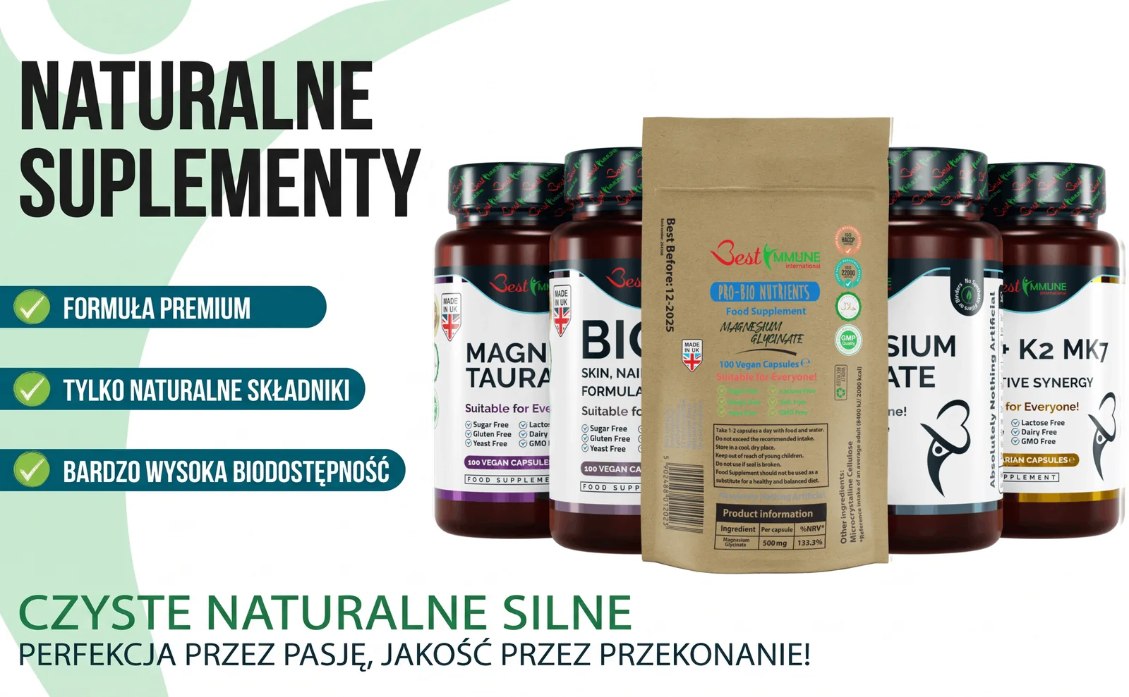 Opakowania naturalnych suplementów diety oraz lista kluczowych zalet produktów.